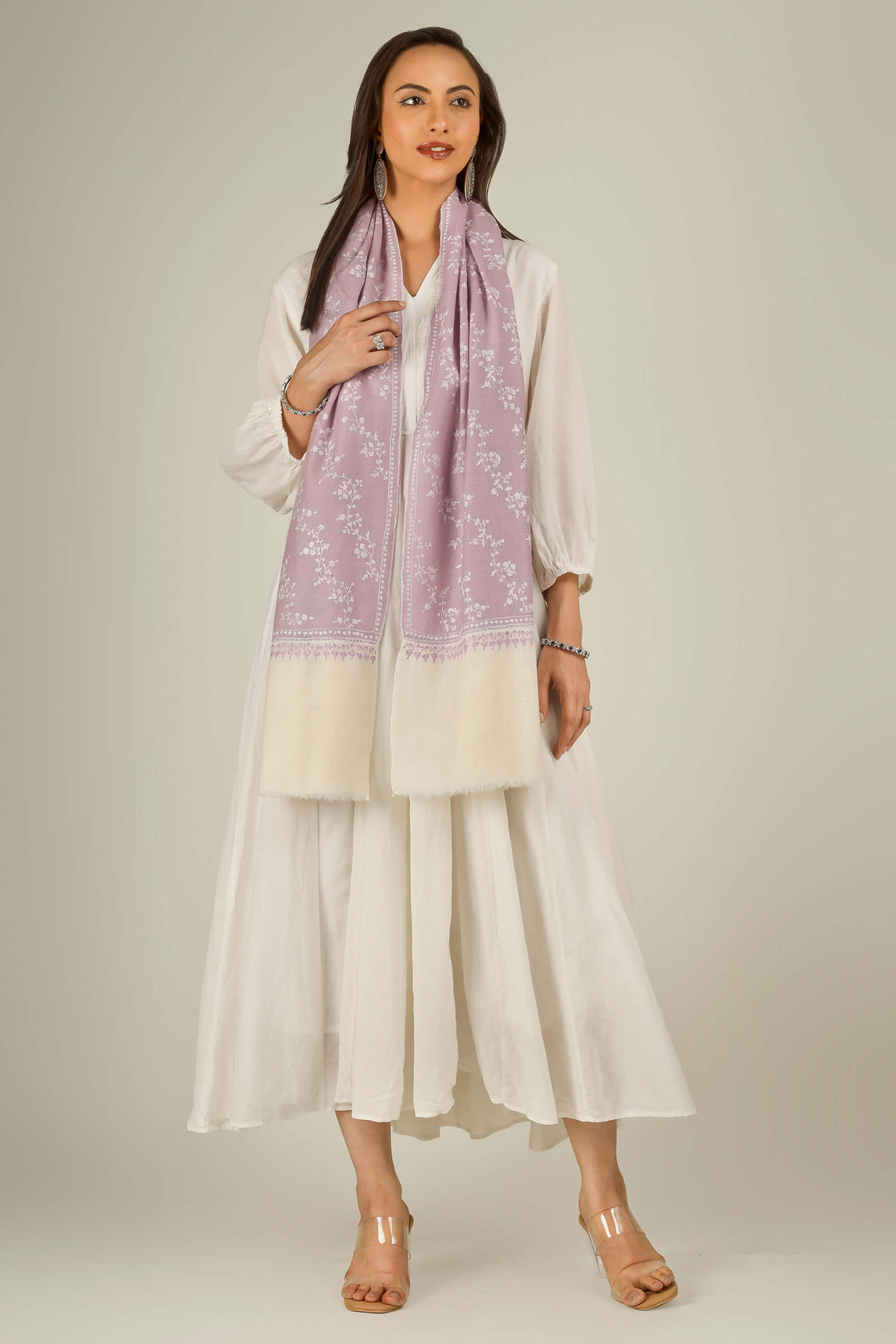Lilac Kashmiri pure pashmina embroidered stole with cream base by Kepra, worn over white dress, front view for Rome winter styling