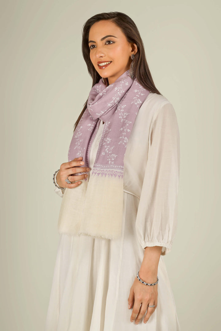 Lilac Kashmiri pure pashmina embroidered stole with cream base by Kepra, worn over white dress, front view for Rome winter styling
    
      | pashmina shawls online | authentic Kashmiri pashmina shawl online | pure pashmina shawl online | original GI certified pashmina shawl online | luxury men's pashmina shawl online from Kashmir | where to buy online pure pashmina in India
    
    | GI Tag Certified - Government-verified authentic Kashmiri Pashmina
    | G20 Official Partner - Selected by India for G20 Summit gifting
    | Handicraft Registered - Official recognition of traditional craftsmanship
    | Certificate of Authenticity - Every purchase includes GI certification