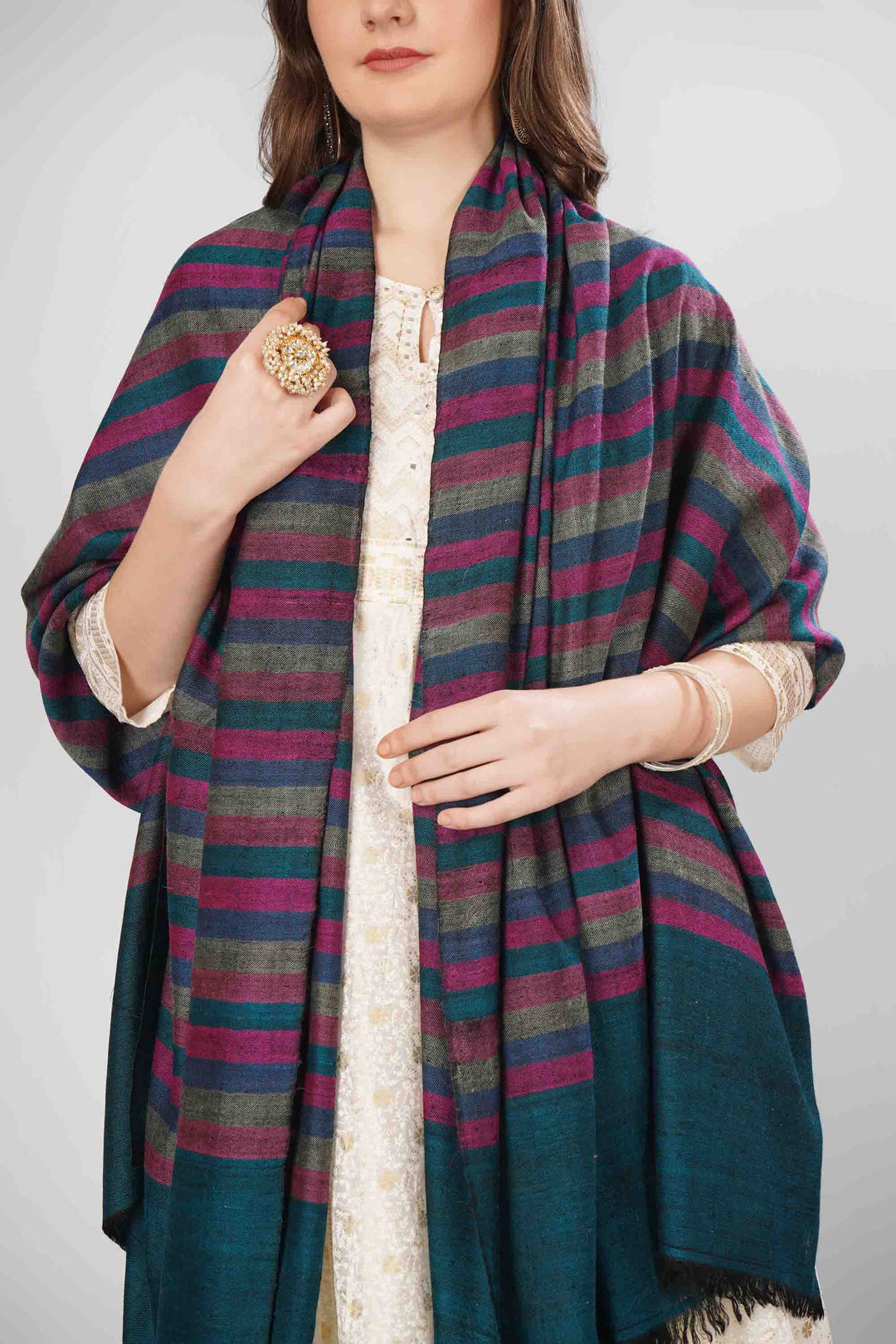 Pashmina Seyma Woven Shawl | Handwoven Kashmiri Pashmina Wool Shawl with Bold Diagonal Stripes in Deep Blue, Rich Purple, and Lighter Hues