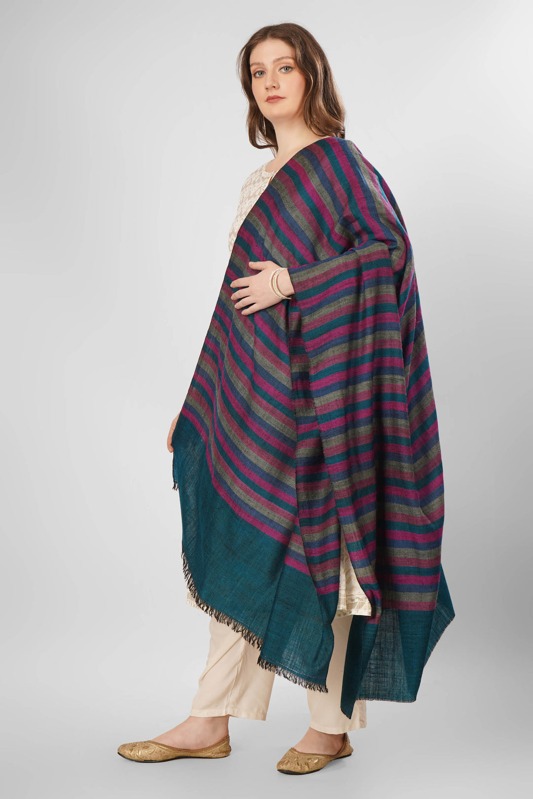 Pashmina Seyma Woven Shawl | Handwoven Kashmiri Pashmina Wool Shawl with Bold Diagonal Stripes in Deep Blue, Rich Purple, and Lighter Hues