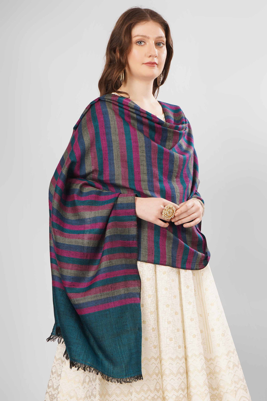 Pashmina Seyma Woven Shawl | Handwoven Kashmiri Pashmina Wool Shawl with Bold Diagonal Stripes in Deep Blue, Rich Purple, and Lighter Hues