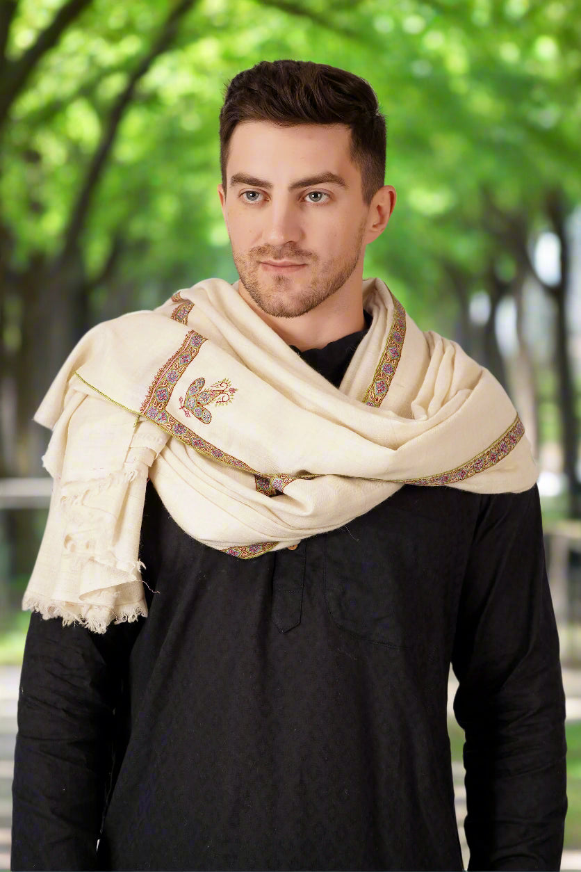 Pashmina White Elegant Hashidaar Men’s Shawl | Authentic Handwoven Kashmiri Pashmina Wool | Luxurious White Shawl for Men with Classic Hashidaar Design