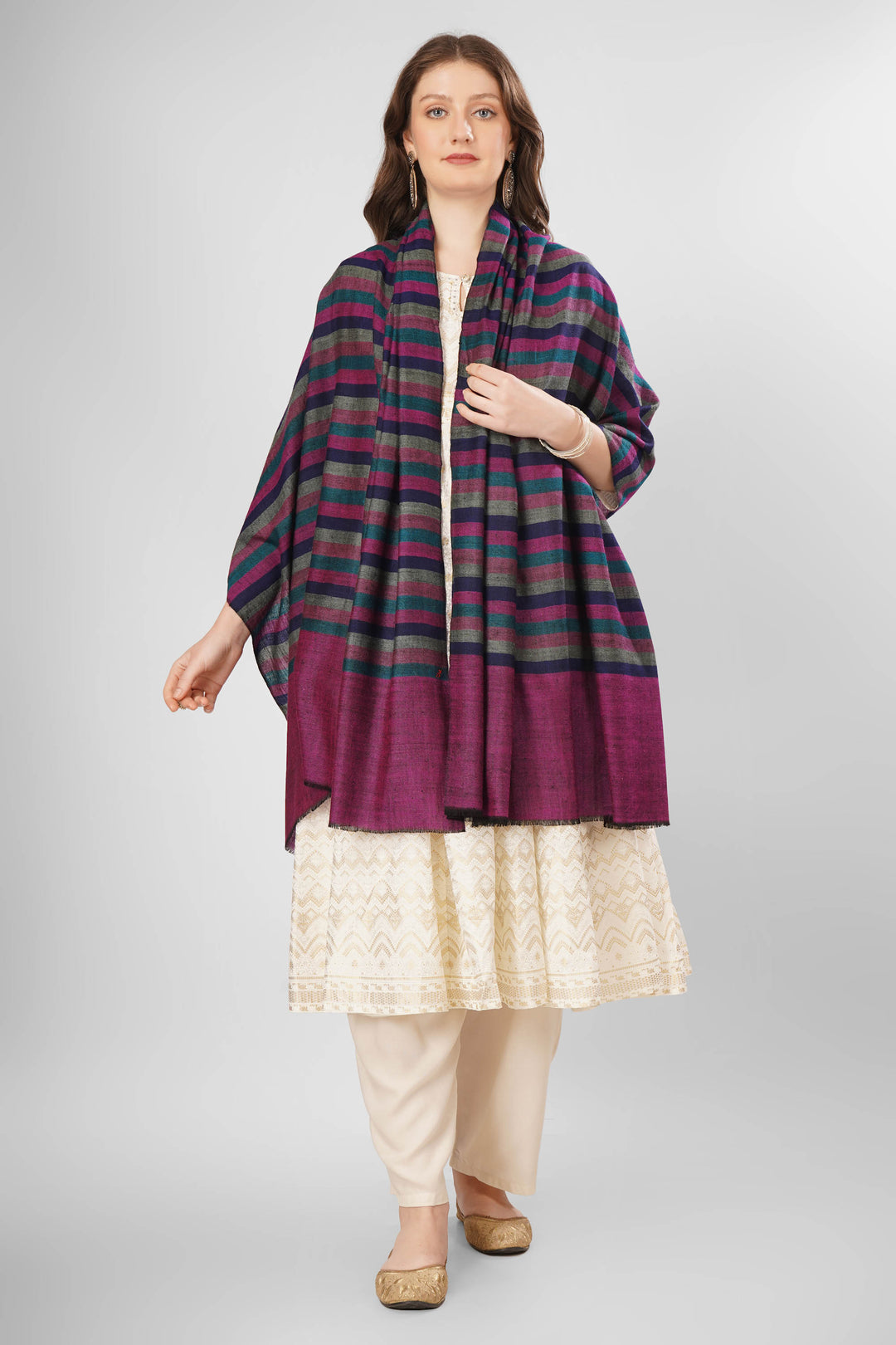 Pashmina Zehra Woven Shawl | Handwoven Kashmiri Pashmina Wool with Vibrant Purple and Multicolor Stripes | Elegant and Colorful Pashmina Accessory