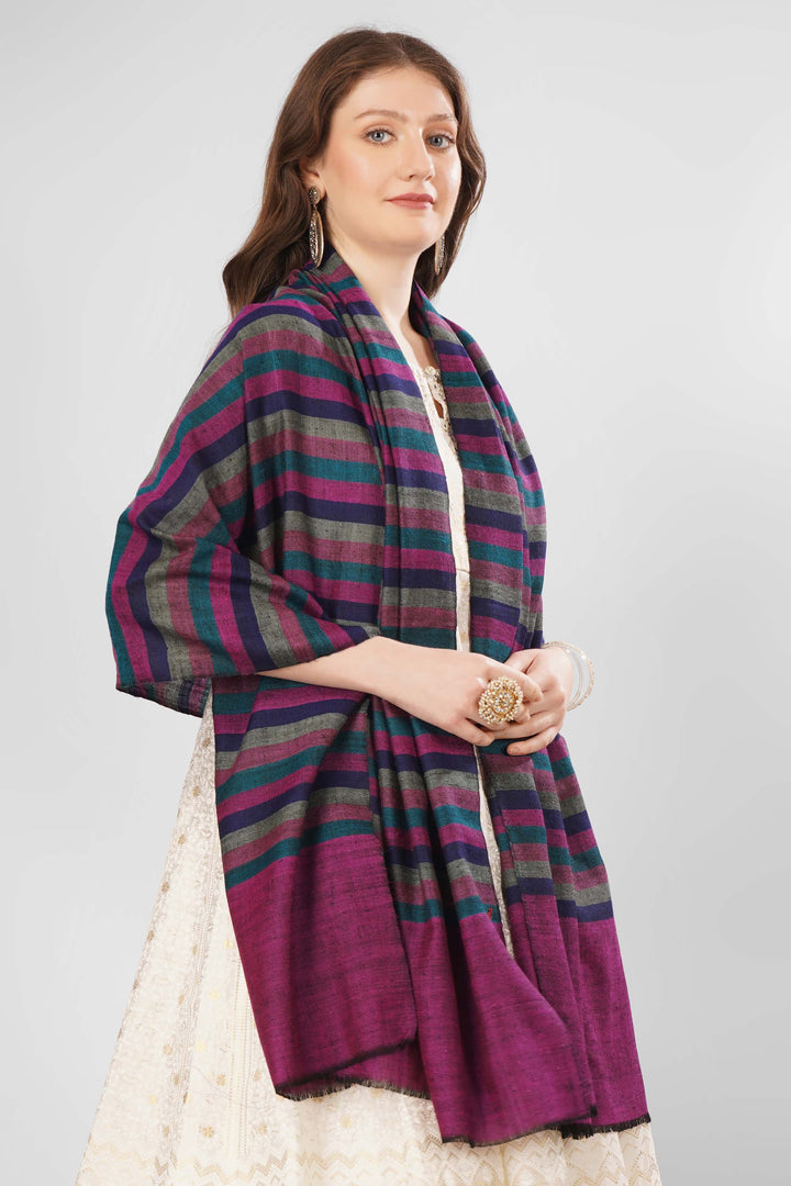 Pashmina Zehra Woven Shawl | Handwoven Kashmiri Pashmina Wool with Vibrant Purple and Multicolor Stripes | Elegant and Colorful Pashmina Accessory