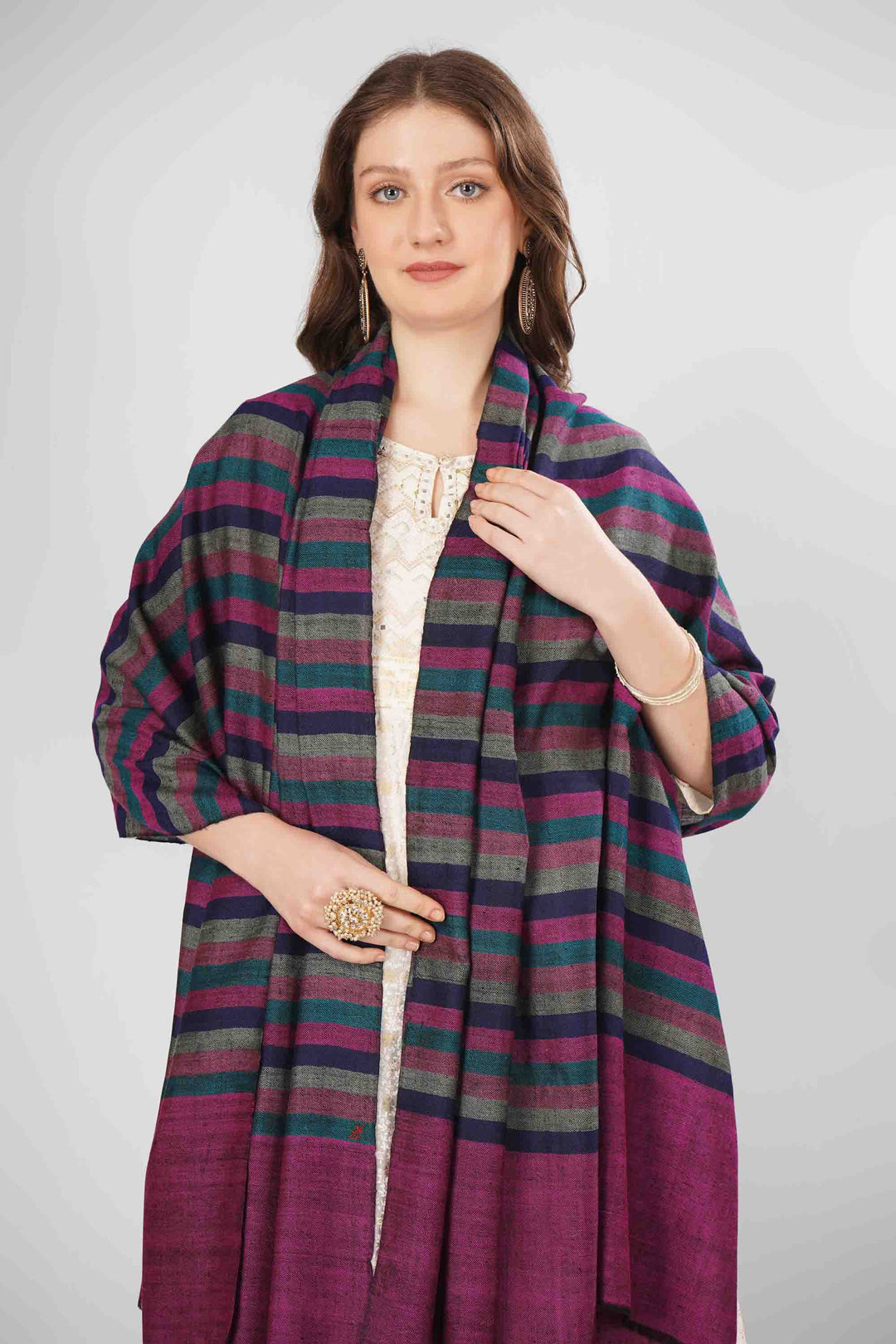 Pashmina Zehra Woven Shawl | Handwoven Kashmiri Pashmina Wool with Vibrant Purple and Multicolor Stripes | Elegant and Colorful Pashmina Accessory