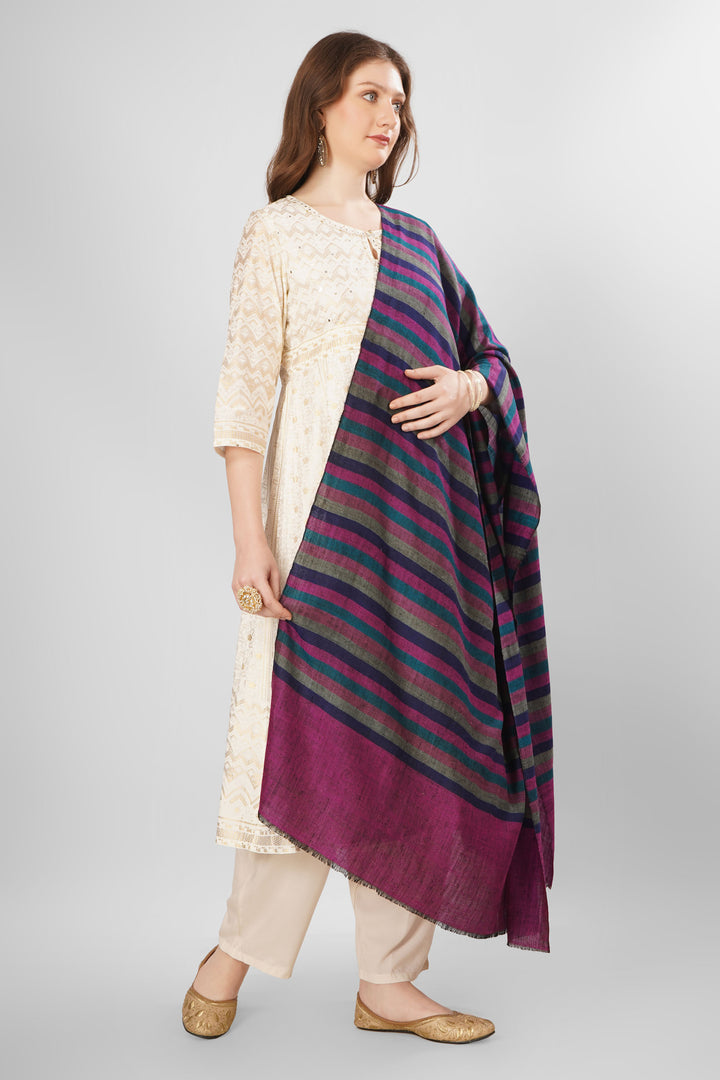 Pashmina Zehra Woven Shawl | Handwoven Kashmiri Pashmina Wool with Vibrant Purple and Multicolor Stripes | Elegant and Colorful Pashmina Accessory