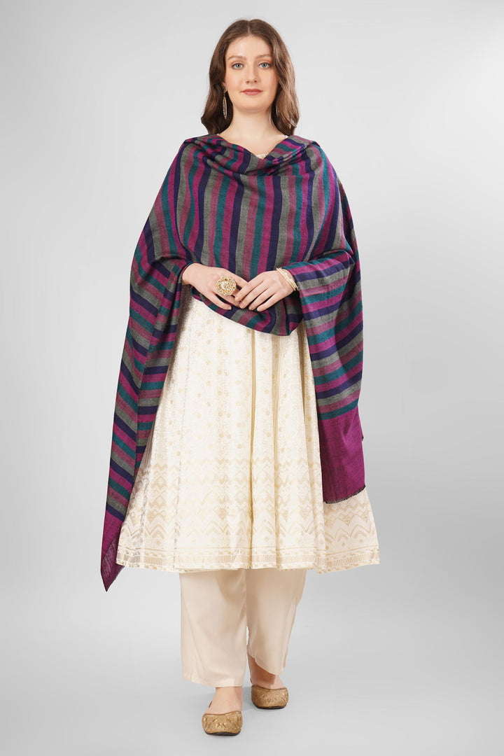 Pashmina Zehra Woven Shawl | Handwoven Kashmiri Pashmina Wool with Vibrant Purple and Multicolor Stripes | Elegant and Colorful Pashmina Accessory