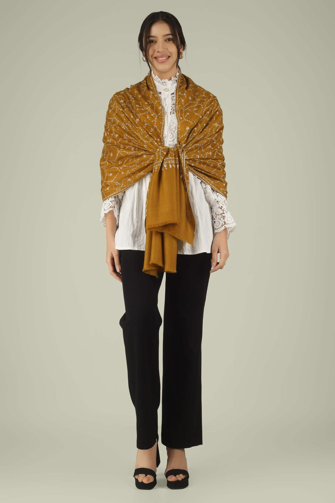 Hand-embroidered turquoise blue pure Pashmina stole featuring an all-over silver-tone Jaldaar Sozni floral vine pattern from Kepra