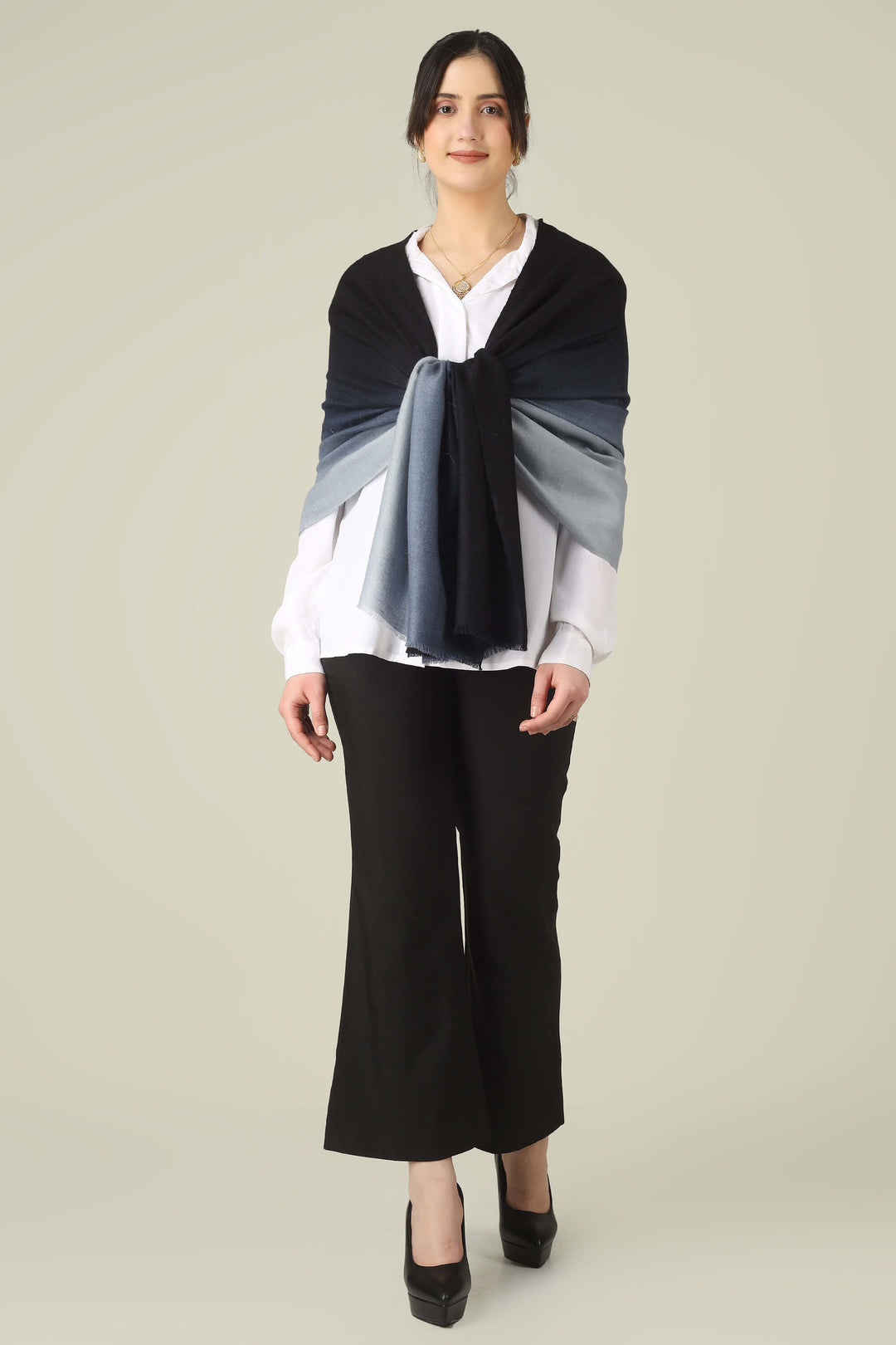 Ideal for customers searching for pashmina online, this black and grey ombre stole is a smart choice for boardrooms and business trips from India to Germany.