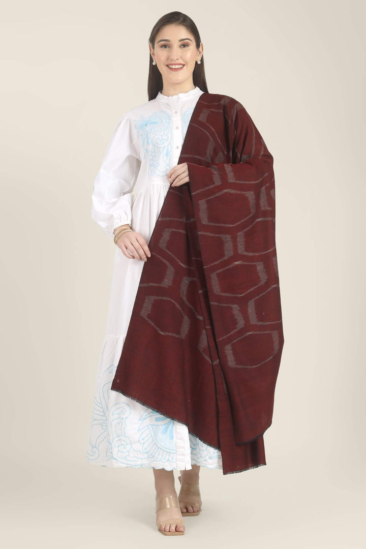 Model draped in a maroon Pure Kashmiri Pashmina shawl with a woven silvery grey geometric pattern over a white dress with light blue embroidery.
    
      | pashmina shawls online | authentic Kashmiri pashmina shawl online | pure pashmina shawl online | original GI certified pashmina shawl online | luxury men's pashmina shawl online from Kashmir | where to buy online pure pashmina in India
    
    | GI Tag Certified - Government-verified authentic Kashmiri Pashmina
    | G20 Official Partner - Selected by India for G20 Summit gifting
    | Handicraft Registered - Official recognition of traditional craftsmanship
    | Certificate of Authenticity - Every purchase includes GI certification
