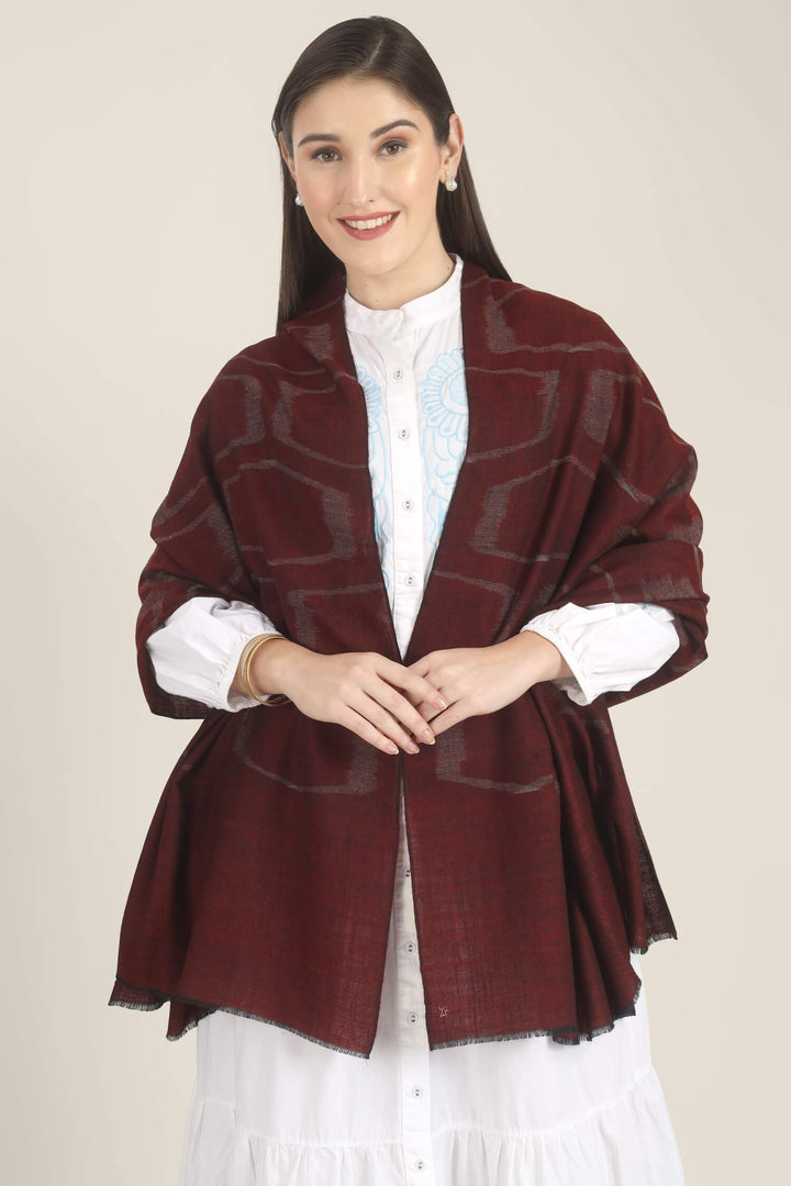 Model draped in a maroon Pure Kashmiri Pashmina shawl with a woven silvery grey geometric pattern over a white dress with light blue embroidery.
    
      | pashmina shawls online | authentic Kashmiri pashmina shawl online | pure pashmina shawl online | original GI certified pashmina shawl online | luxury men's pashmina shawl online from Kashmir | where to buy online pure pashmina in India
    
    | GI Tag Certified - Government-verified authentic Kashmiri Pashmina
    | G20 Official Partner - Selected by India for G20 Summit gifting
    | Handicraft Registered - Official recognition of traditional craftsmanship
    | Certificate of Authenticity - Every purchase includes GI certification