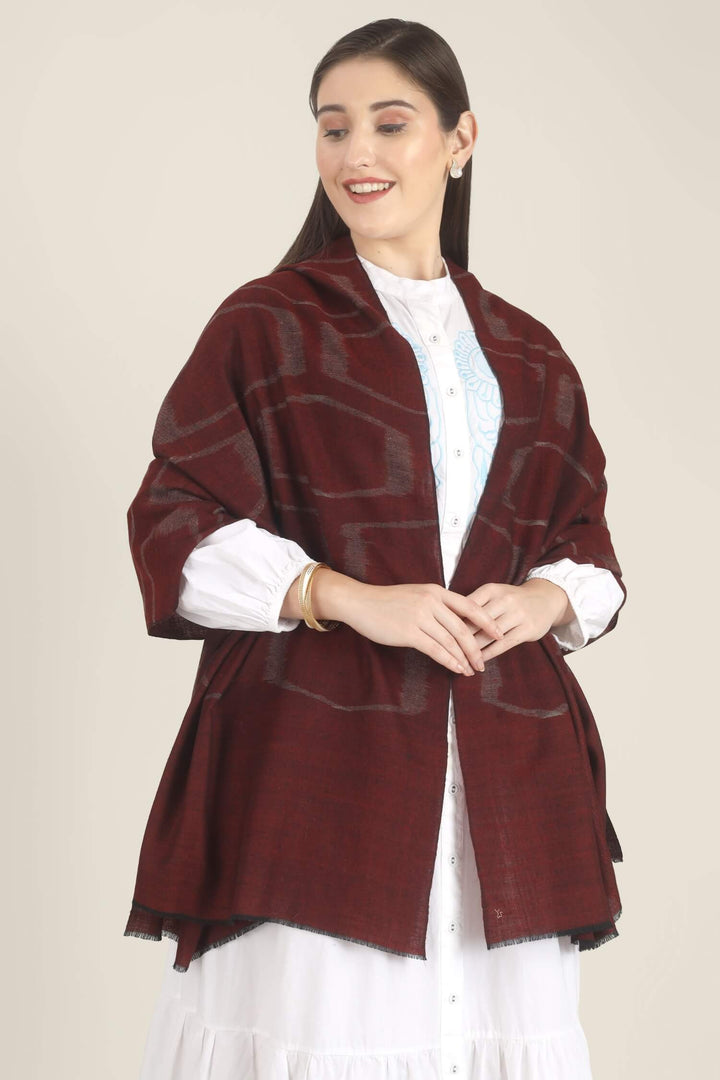 Model draped in a maroon Pure Kashmiri Pashmina shawl with a woven silvery grey geometric pattern over a white dress with light blue embroidery.
    
      | pashmina shawls online | authentic Kashmiri pashmina shawl online | pure pashmina shawl online | original GI certified pashmina shawl online | luxury men's pashmina shawl online from Kashmir | where to buy online pure pashmina in India
    
    | GI Tag Certified - Government-verified authentic Kashmiri Pashmina
    | G20 Official Partner - Selected by India for G20 Summit gifting
    | Handicraft Registered - Official recognition of traditional craftsmanship
    | Certificate of Authenticity - Every purchase includes GI certification