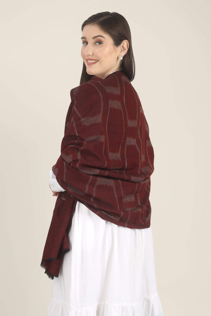 Model draped in a maroon Pure Kashmiri Pashmina shawl with a woven silvery grey geometric pattern over a white dress with light blue embroidery.
    
      | pashmina shawls online | authentic Kashmiri pashmina shawl online | pure pashmina shawl online | original GI certified pashmina shawl online | luxury men's pashmina shawl online from Kashmir | where to buy online pure pashmina in India
    
    | GI Tag Certified - Government-verified authentic Kashmiri Pashmina
    | G20 Official Partner - Selected by India for G20 Summit gifting
    | Handicraft Registered - Official recognition of traditional craftsmanship
    | Certificate of Authenticity - Every purchase includes GI certification