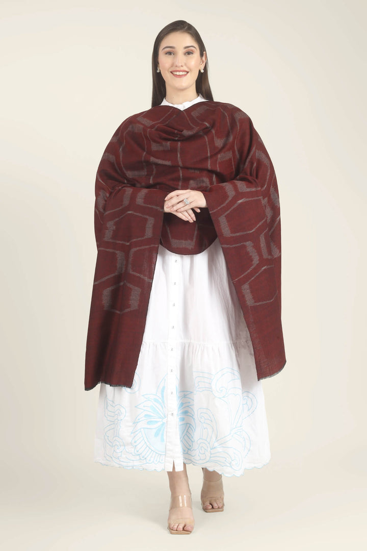 Model draped in a maroon Pure Kashmiri Pashmina shawl with a woven silvery grey geometric pattern over a white dress with light blue embroidery.
    
      | pashmina shawls online | authentic Kashmiri pashmina shawl online | pure pashmina shawl online | original GI certified pashmina shawl online | luxury men's pashmina shawl online from Kashmir | where to buy online pure pashmina in India
    
    | GI Tag Certified - Government-verified authentic Kashmiri Pashmina
    | G20 Official Partner - Selected by India for G20 Summit gifting
    | Handicraft Registered - Official recognition of traditional craftsmanship
    | Certificate of Authenticity - Every purchase includes GI certification