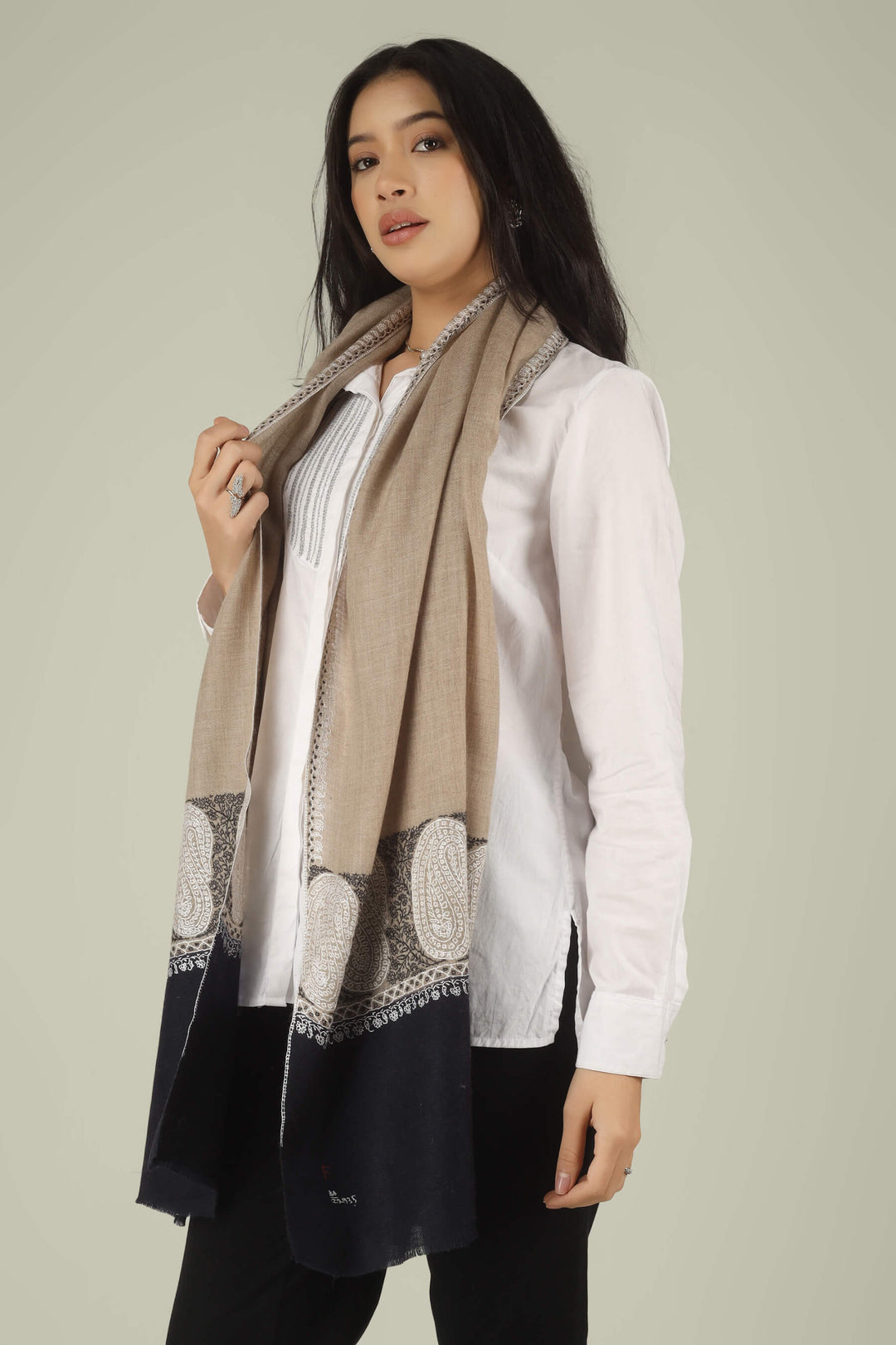 Hand-embroidered beige and black dual-tone pure Pashmina stole with ivory Sozni paisley motifs on the borders from Kepra