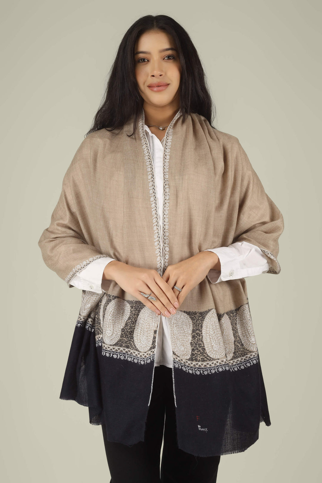 Hand-embroidered beige and black dual-tone pure Pashmina stole with ivory Sozni paisley motifs on the borders from Kepra