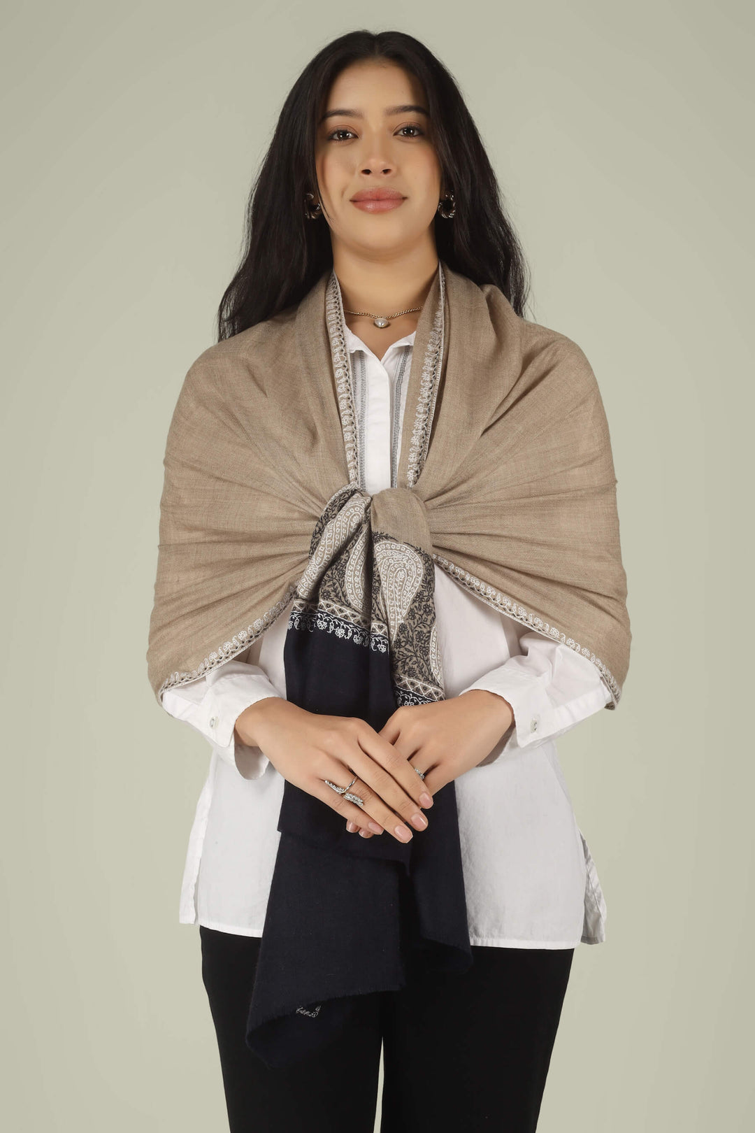 Hand-embroidered beige and black dual-tone pure Pashmina stole with ivory Sozni paisley motifs on the borders from Kepra