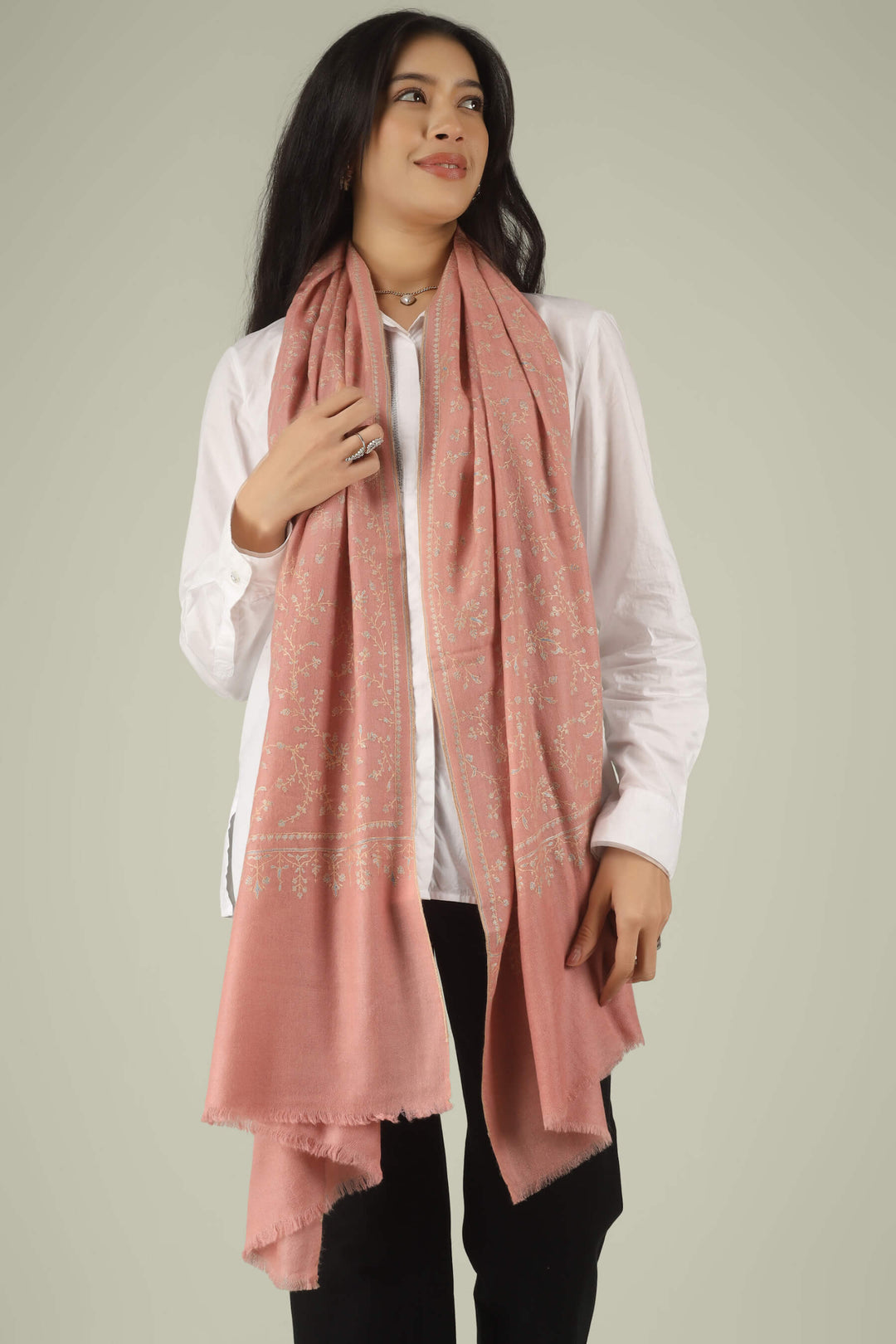 Hand-embroidered blush pink pure Pashmina stole featuring all-over Jaldaar Sozni floral vine embroidery from Kepra.