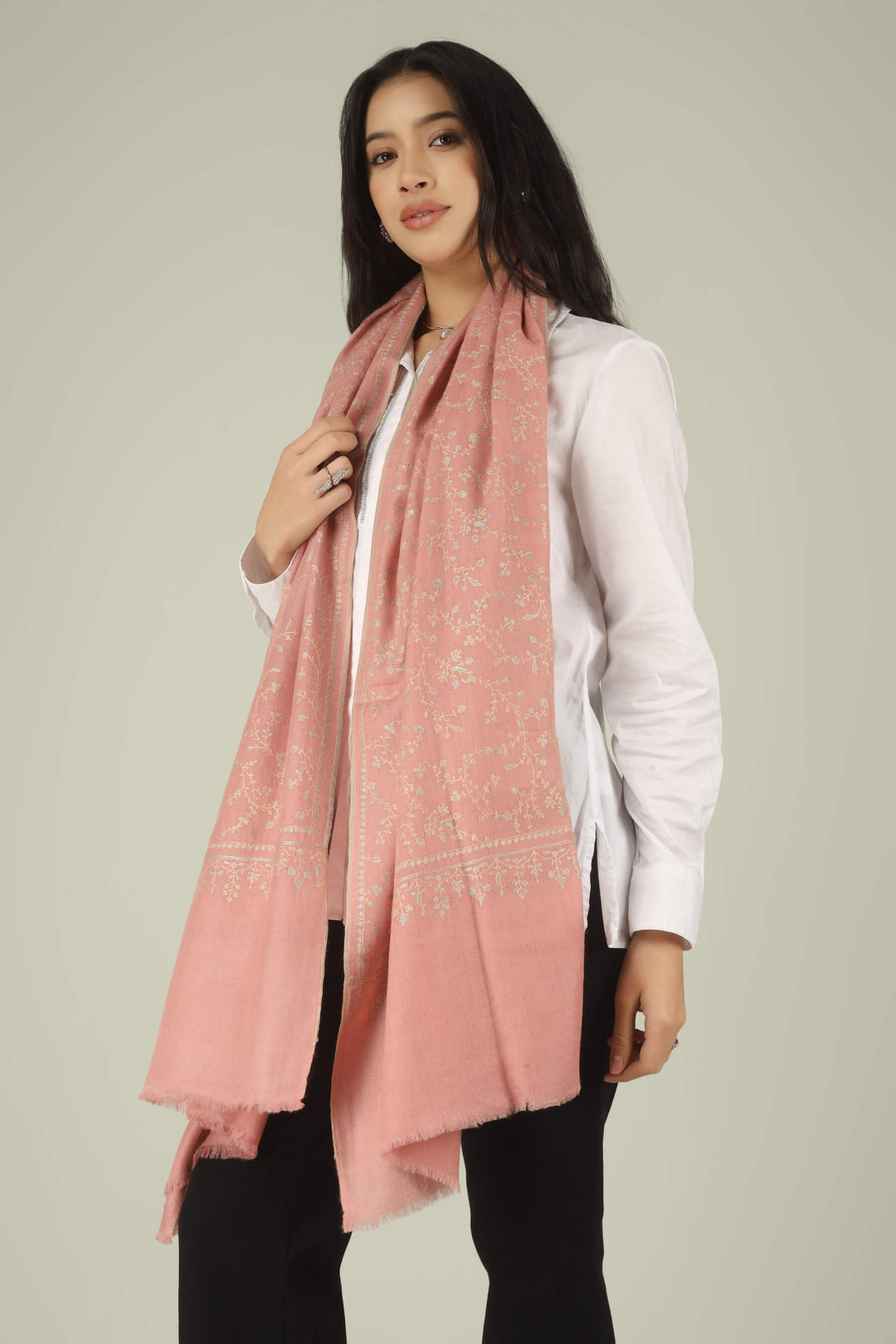 Hand-embroidered blush pink pure Pashmina stole featuring all-over Jaldaar Sozni floral vine embroidery from Kepra.
