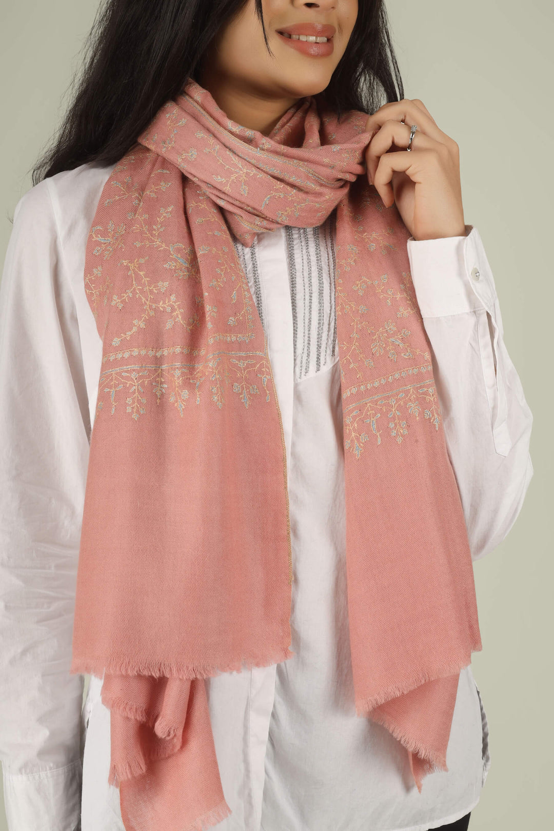 Hand-embroidered blush pink pure Pashmina stole featuring all-over Jaldaar Sozni floral vine embroidery from Kepra.