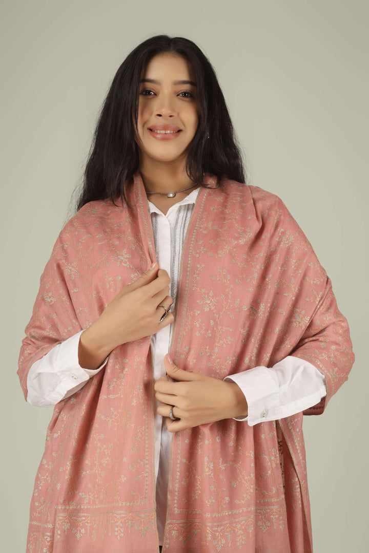 Hand-embroidered blush pink pure Pashmina stole featuring all-over Jaldaar Sozni floral vine embroidery from Kepra.
    
      | pashmina shawls online | authentic Kashmiri pashmina shawl online | pure pashmina shawl online | original GI certified pashmina shawl online | luxury men's pashmina shawl online from Kashmir | where to buy online pure pashmina in India
    
    | GI Tag Certified - Government-verified authentic Kashmiri Pashmina
    | G20 Official Partner - Selected by India for G20 Summit gifting
    | Handicraft Registered - Official recognition of traditional craftsmanship
    | Certificate of Authenticity - Every purchase includes GI certification
