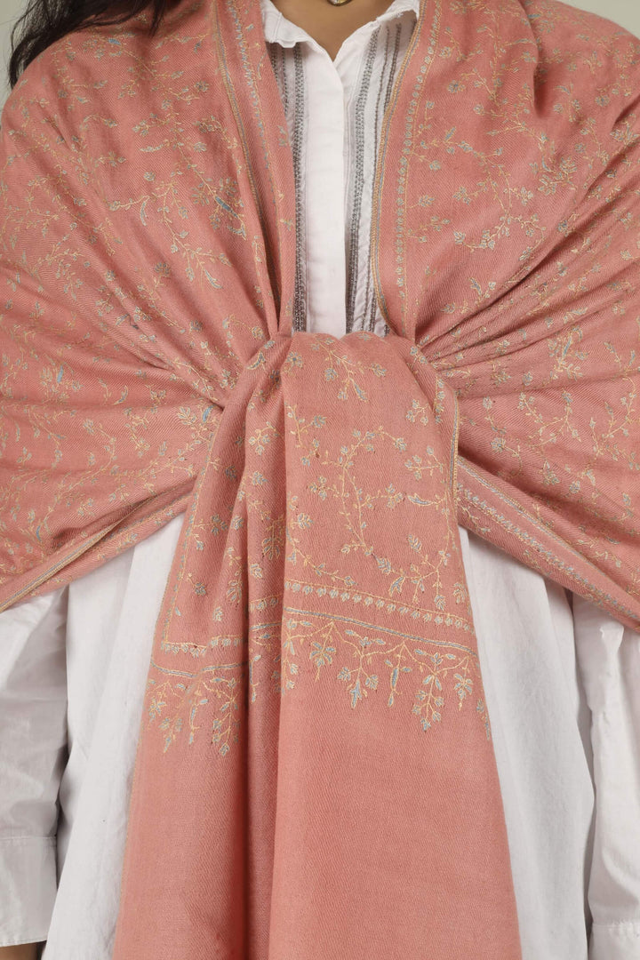 Hand-embroidered blush pink pure Pashmina stole featuring all-over Jaldaar Sozni floral vine embroidery from Kepra.
    
      | pashmina shawls online | authentic Kashmiri pashmina shawl online | pure pashmina shawl online | original GI certified pashmina shawl online | luxury men's pashmina shawl online from Kashmir | where to buy online pure pashmina in India
    
    | GI Tag Certified - Government-verified authentic Kashmiri Pashmina
    | G20 Official Partner - Selected by India for G20 Summit gifting
    | Handicraft Registered - Official recognition of traditional craftsmanship
    | Certificate of Authenticity - Every purchase includes GI certification