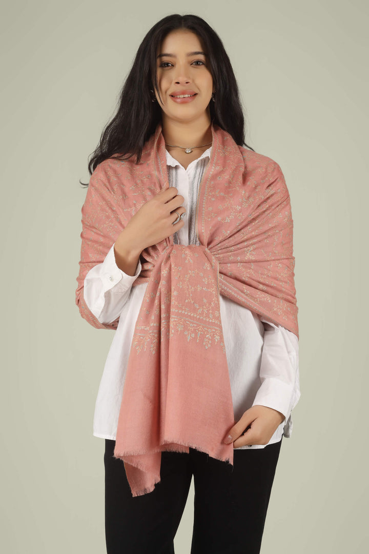 Hand-embroidered blush pink pure Pashmina stole featuring all-over Jaldaar Sozni floral vine embroidery from Kepra.
    
      | pashmina shawls online | authentic Kashmiri pashmina shawl online | pure pashmina shawl online | original GI certified pashmina shawl online | luxury men's pashmina shawl online from Kashmir | where to buy online pure pashmina in India
    
    | GI Tag Certified - Government-verified authentic Kashmiri Pashmina
    | G20 Official Partner - Selected by India for G20 Summit gifting
    | Handicraft Registered - Official recognition of traditional craftsmanship
    | Certificate of Authenticity - Every purchase includes GI certification