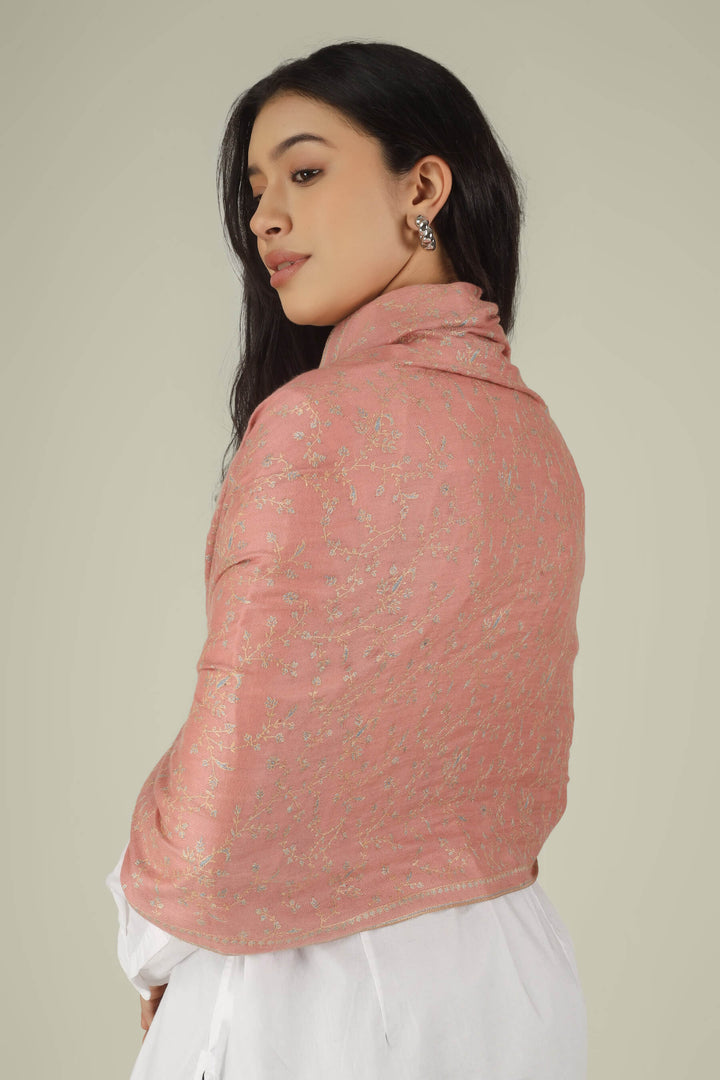 Hand-embroidered blush pink pure Pashmina stole featuring all-over Jaldaar Sozni floral vine embroidery from Kepra.
    
      | pashmina shawls online | authentic Kashmiri pashmina shawl online | pure pashmina shawl online | original GI certified pashmina shawl online | luxury men's pashmina shawl online from Kashmir | where to buy online pure pashmina in India
    
    | GI Tag Certified - Government-verified authentic Kashmiri Pashmina
    | G20 Official Partner - Selected by India for G20 Summit gifting
    | Handicraft Registered - Official recognition of traditional craftsmanship
    | Certificate of Authenticity - Every purchase includes GI certification