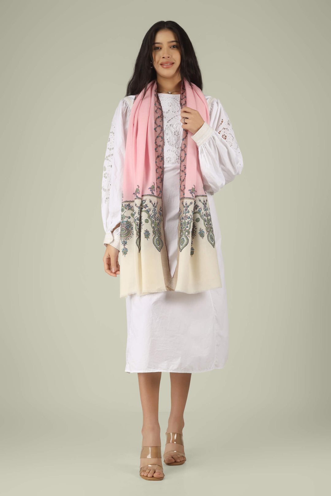 Hand-embroidered pink and white dual-tone pure Pashmina stole with multi-colored floral Sozni needlework from Kepra.