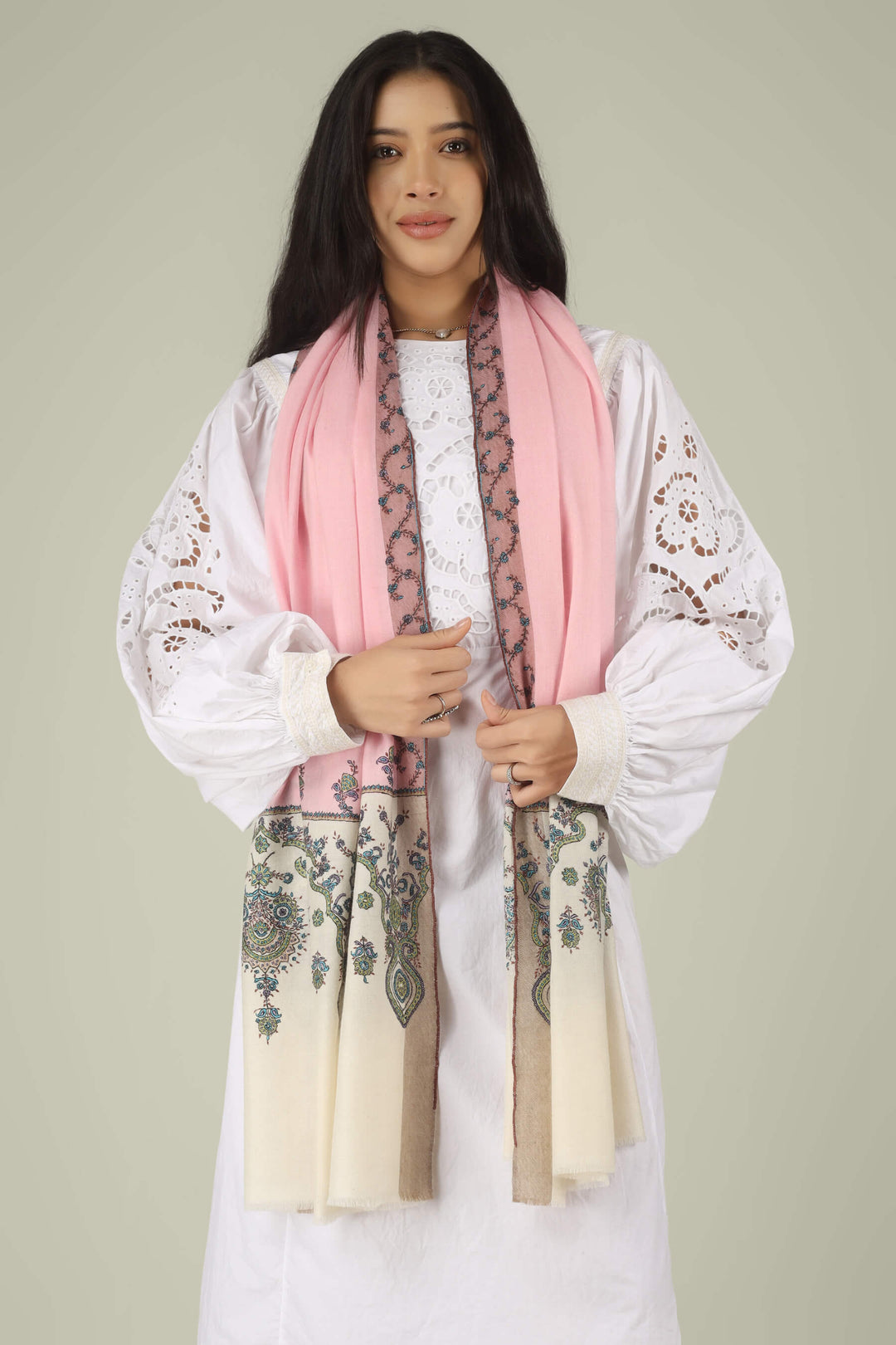 Hand-embroidered pink and white dual-tone pure Pashmina stole with multi-colored floral Sozni needlework from Kepra.