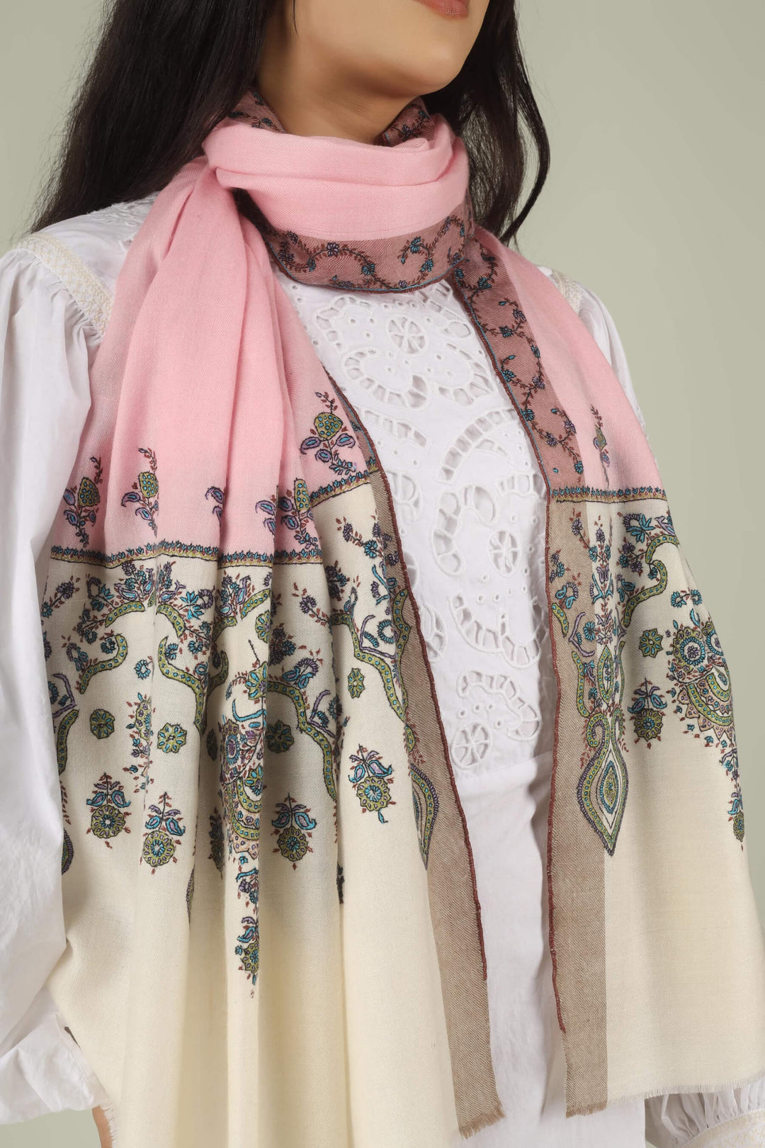 Hand-embroidered pink and white dual-tone pure Pashmina stole with multi-colored floral Sozni needlework from Kepra.