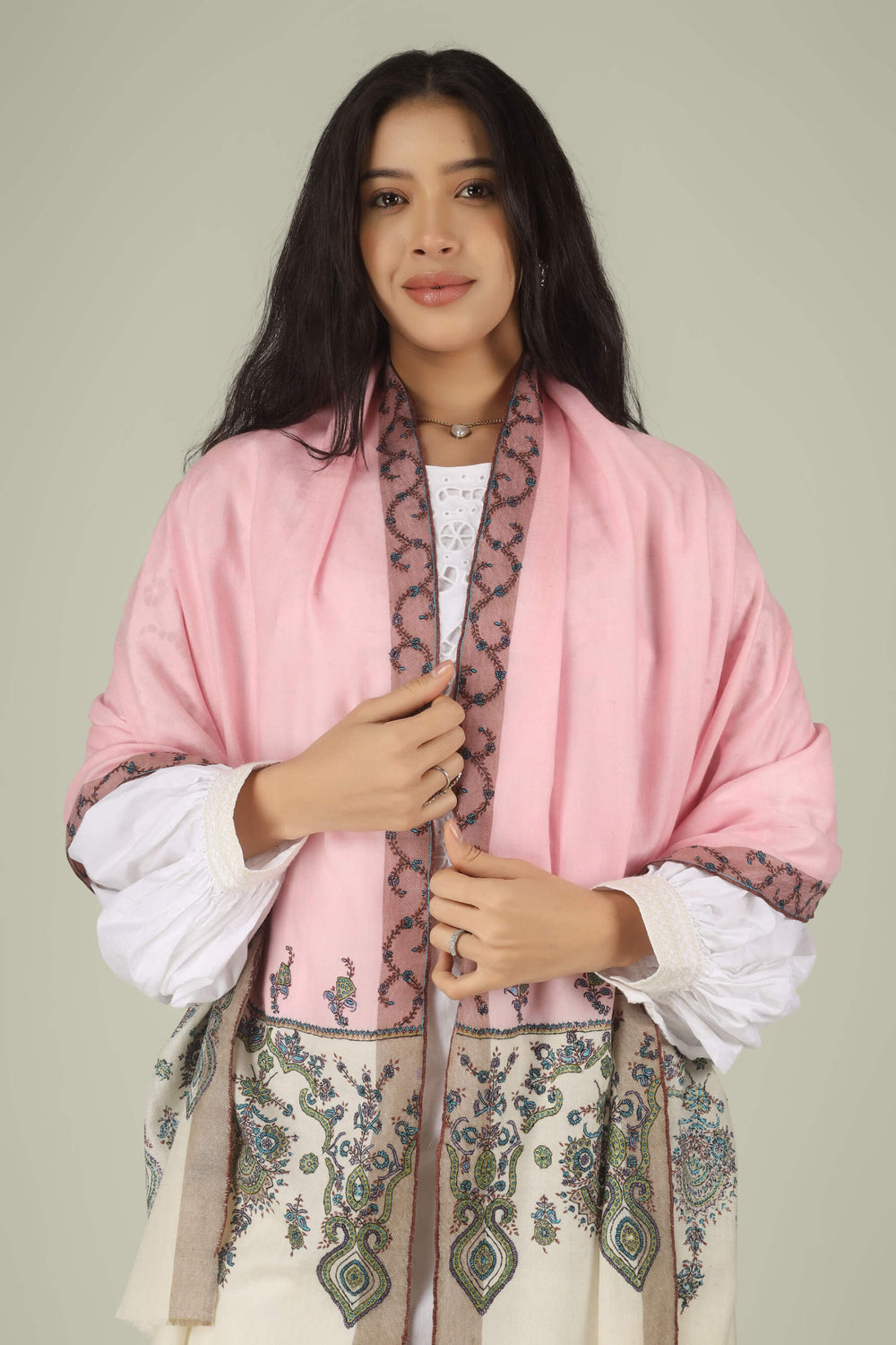 Hand-embroidered pink and white dual-tone pure Pashmina stole with multi-colored floral Sozni needlework from Kepra.