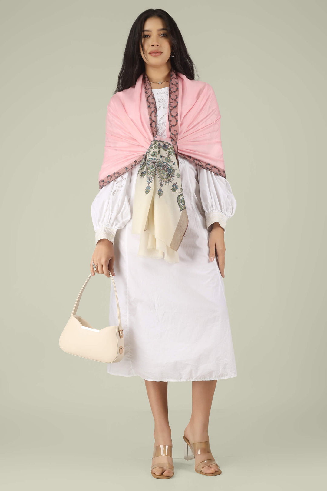 Hand-embroidered pink and white dual-tone pure Pashmina stole with multi-colored floral Sozni needlework from Kepra.