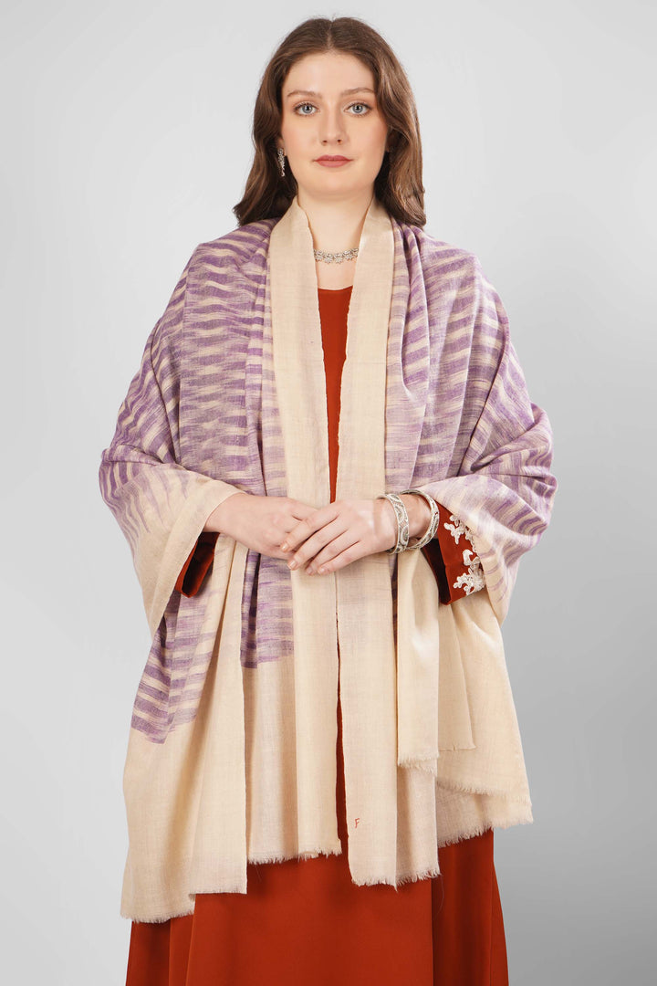 Pashmina Derya Woven Shawl | Handwoven Kashmiri Pashmina Wool with Purple and White Stripes | Soft, Elegant Shawl for Every Occasion