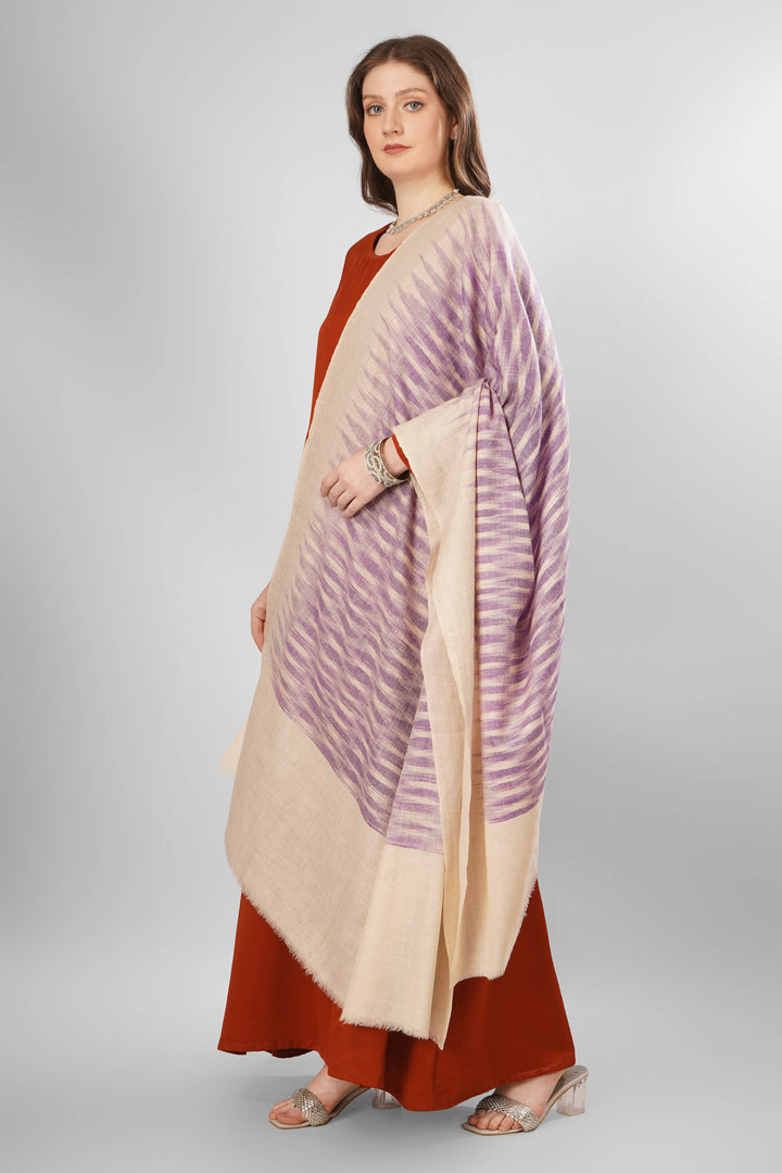 Pashmina Derya Woven Shawl | Handwoven Kashmiri Pashmina Wool with Purple and White Stripes | Soft, Elegant Shawl for Every Occasion