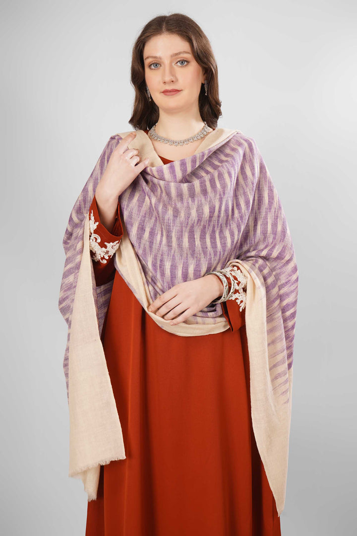 Pashmina Derya Woven Shawl | Handwoven Kashmiri Pashmina Wool with Purple and White Stripes | Soft, Elegant Shawl for Every Occasion