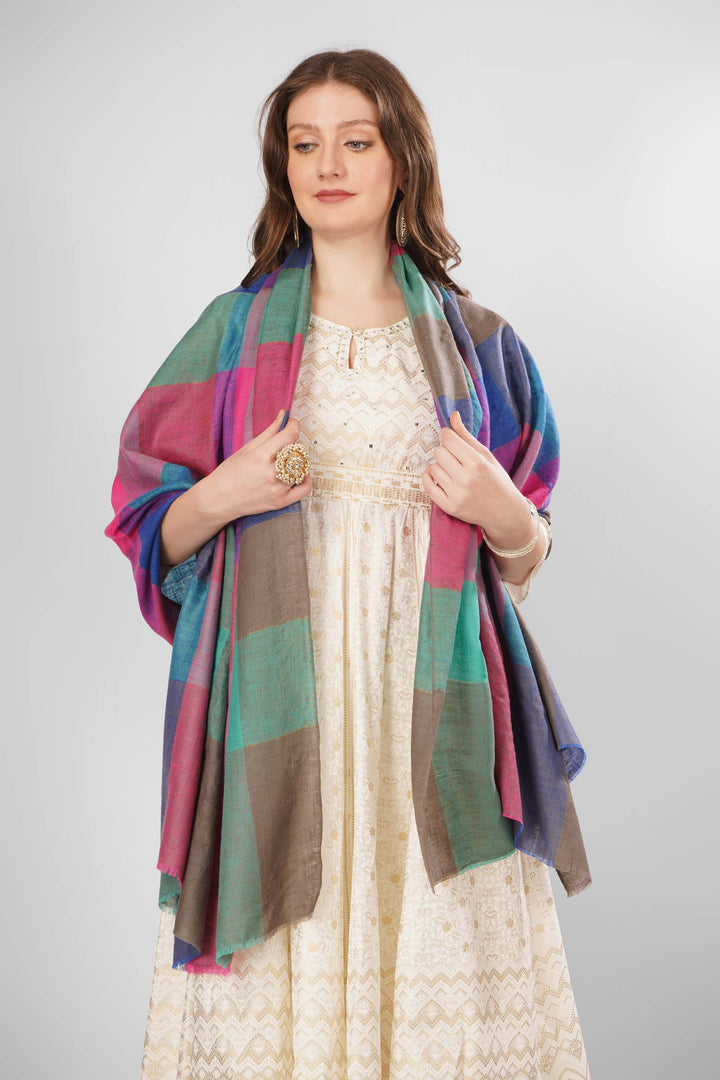 Pashmina Aylin Woven Shawl | Multicolored Checked Kashmiri Pashmina Wool Shawl with Pink, Teal, Blue, and Brown Squares | Luxurious Handwoven Design