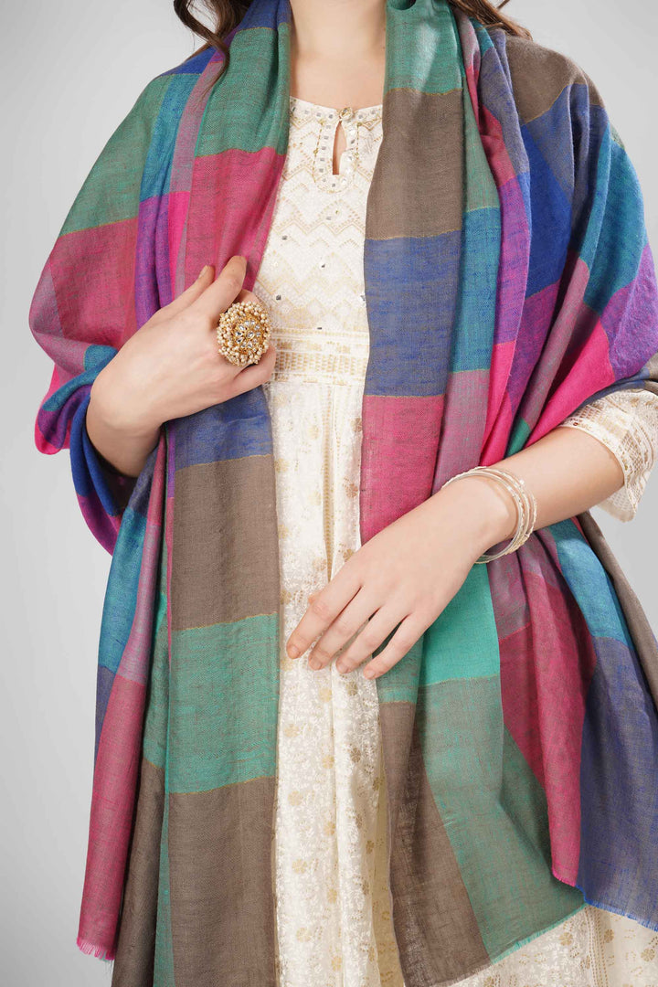 Pashmina Aylin Woven Shawl | Multicolored Checked Kashmiri Pashmina Wool Shawl with Pink, Teal, Blue, and Brown Squares | Luxurious Handwoven Design