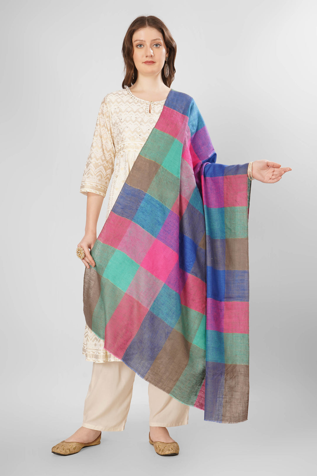 Pashmina Aylin Woven Shawl | Multicolored Checked Kashmiri Pashmina Wool Shawl with Pink, Teal, Blue, and Brown Squares | Luxurious Handwoven Design