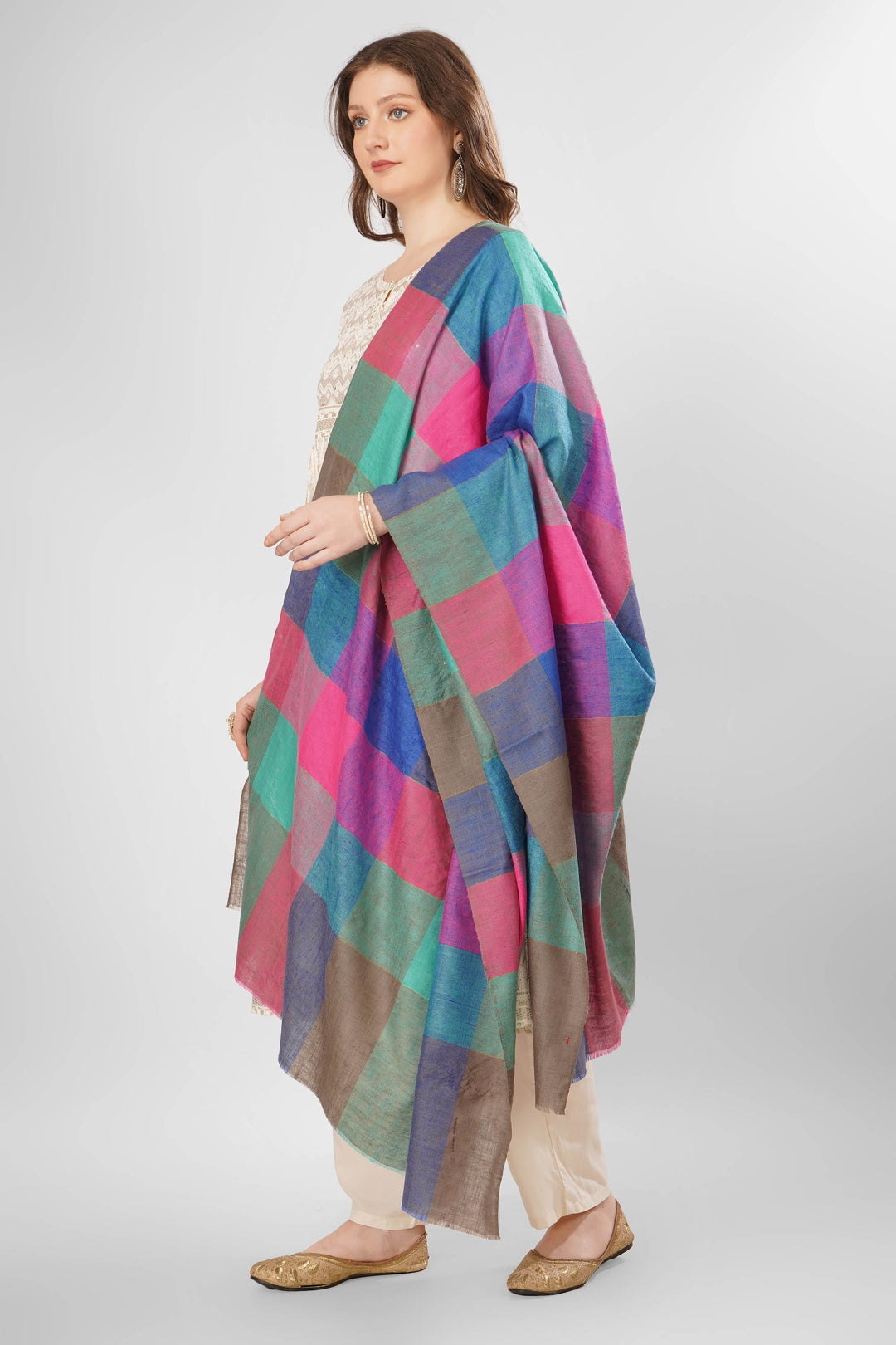 Pashmina Aylin Woven Shawl | Multicolored Checked Kashmiri Pashmina Wool Shawl with Pink, Teal, Blue, and Brown Squares | Luxurious Handwoven Design