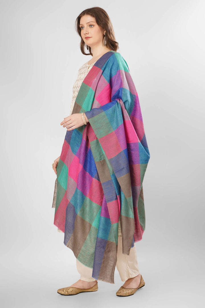 Pashmina Aylin Woven Shawl | Multicolored Checked Kashmiri Pashmina Wool Shawl with Pink, Teal, Blue, and Brown Squares | Luxurious Handwoven Design