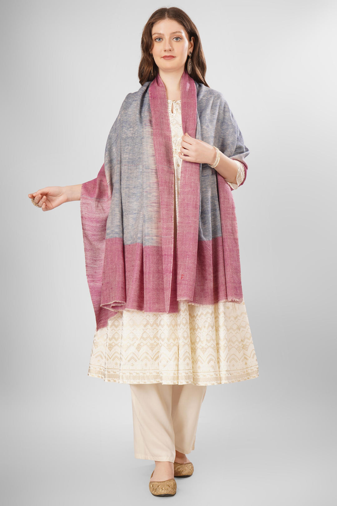 Pashmina Huriye Woven Shawl | Handwoven Kashmiri Pashmina Wool with Gradient Design in Soft Gray and Rich Pink | Luxurious, Elegant Wrap"