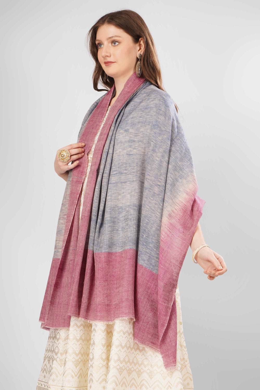 Pashmina Huriye Woven Shawl | Handwoven Kashmiri Pashmina Wool with Gradient Design in Soft Gray and Rich Pink | Luxurious, Elegant Wrap"