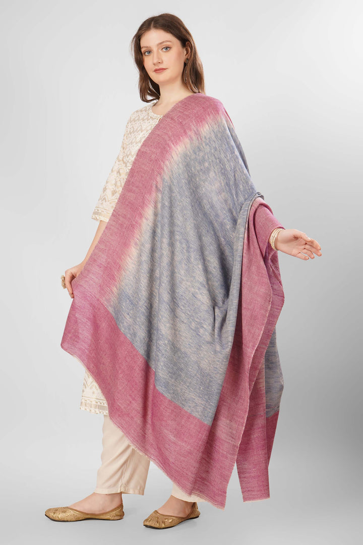 Pashmina Huriye Woven Shawl | Handwoven Kashmiri Pashmina Wool with Gradient Design in Soft Gray and Rich Pink | Luxurious, Elegant Wrap"