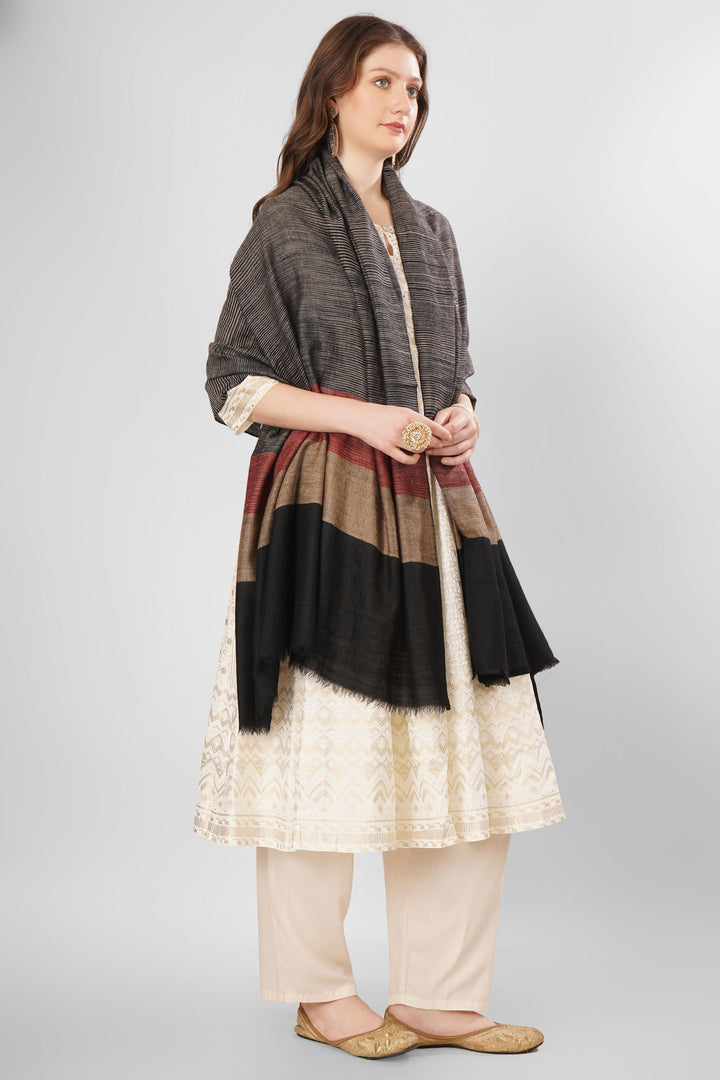 "Pashmina Reem Woven Shawl | Dark Grey Base with Burgundy, Beige, and Black Horizontal Stripes | Handwoven Kashmiri Pashmina"