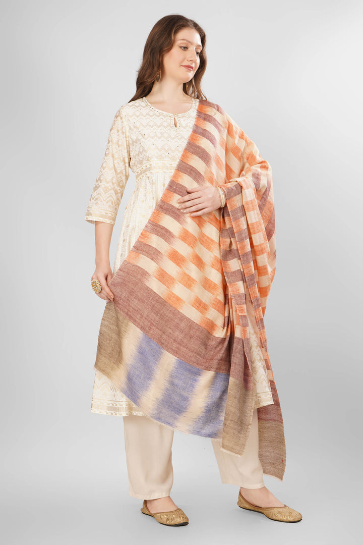 Pashmina Rania Shawl | Kashmiri Handwoven Pashmina Wool with Earthy Orange, Brown, and Blue Broad Stripes | Authentic Luxury Pashmina Shawl