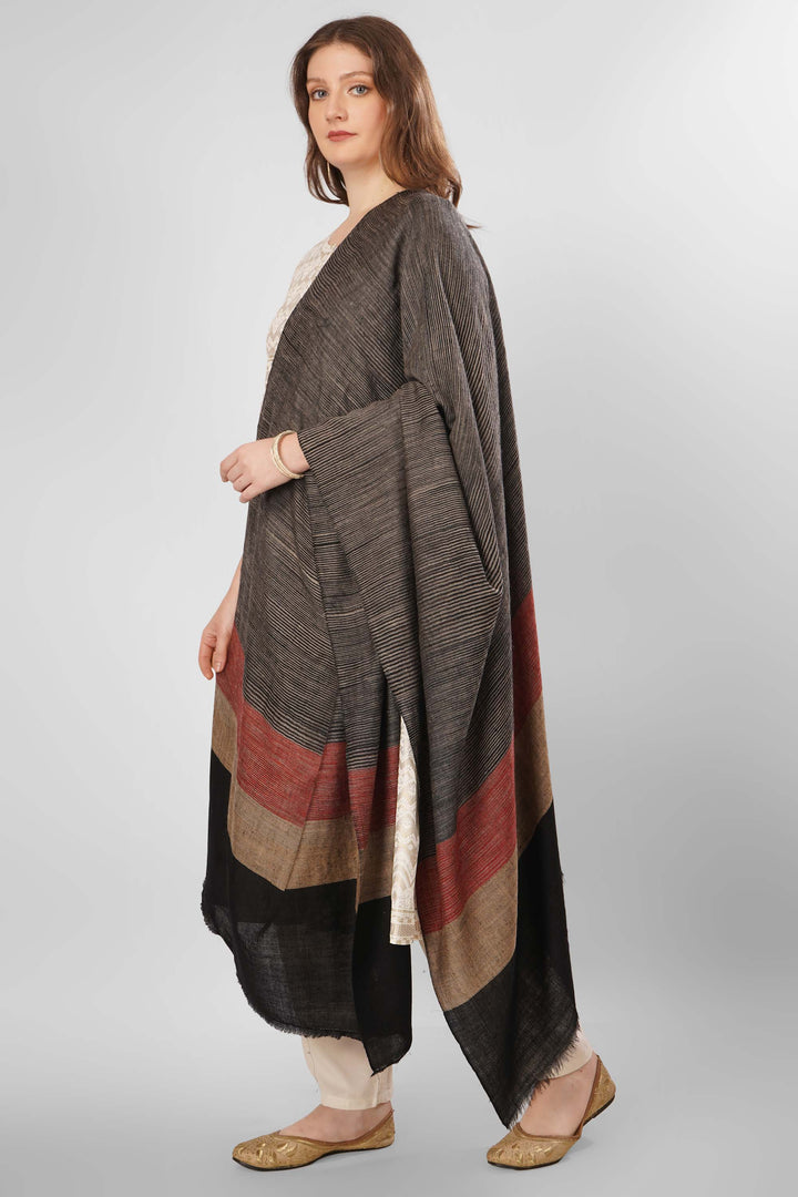 "Pashmina Reem Woven Shawl | Dark Grey Base with Burgundy, Beige, and Black Horizontal Stripes | Handwoven Kashmiri Pashmina"