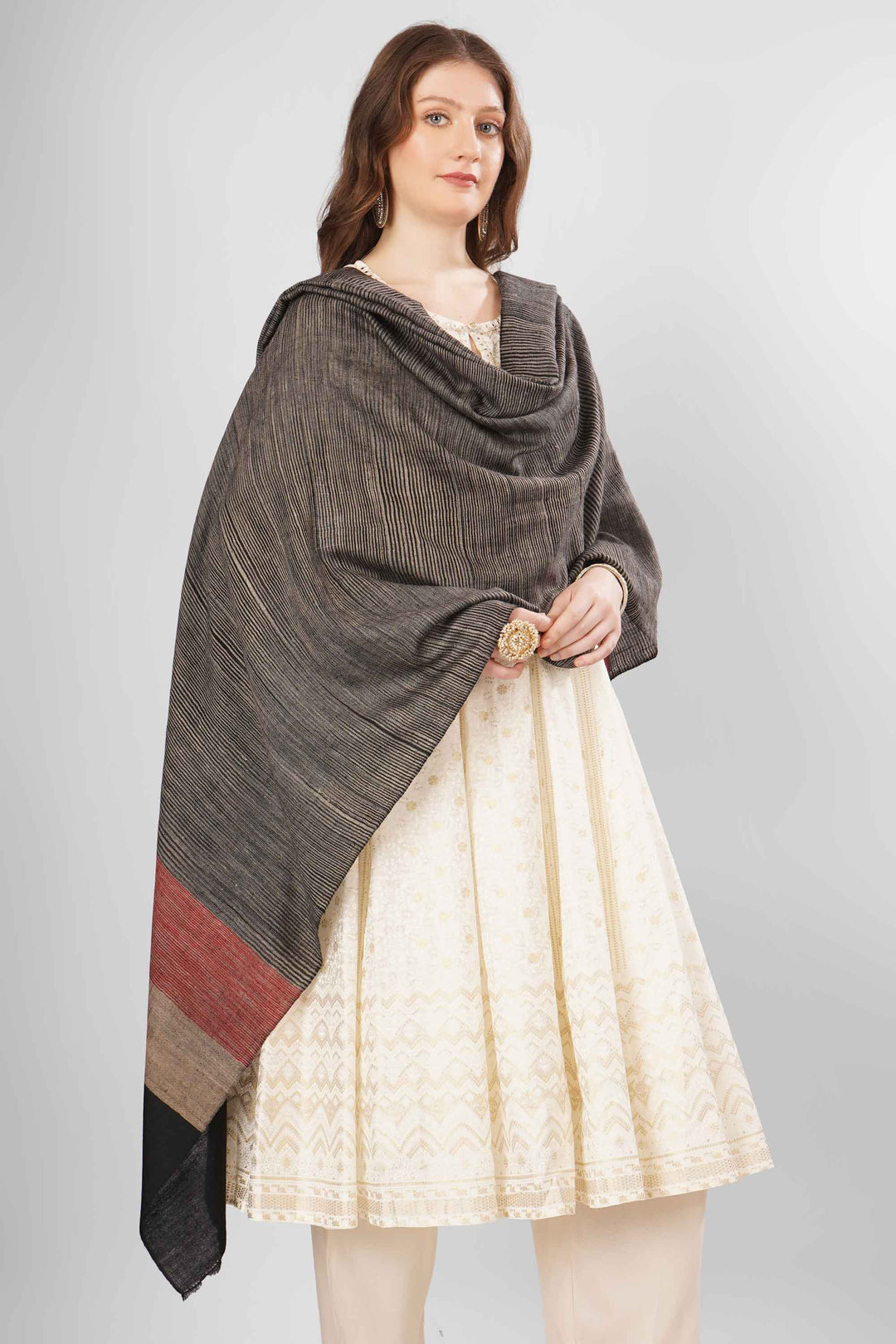 "Pashmina Reem Woven Shawl | Dark Grey Base with Burgundy, Beige, and Black Horizontal Stripes | Handwoven Kashmiri Pashmina"