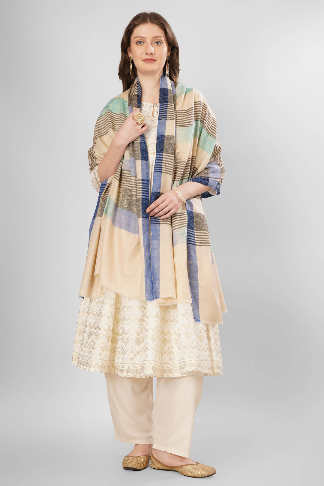 Pashmina Zara Woven Shawl | Handwoven Kashmiri Pashmina with Beige, Light Blue, and Teal Striped Checkered Design