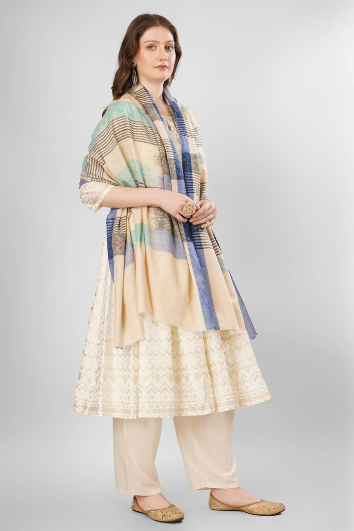 Pashmina Zara Woven Shawl | Handwoven Kashmiri Pashmina with Beige, Light Blue, and Teal Striped Checkered Design